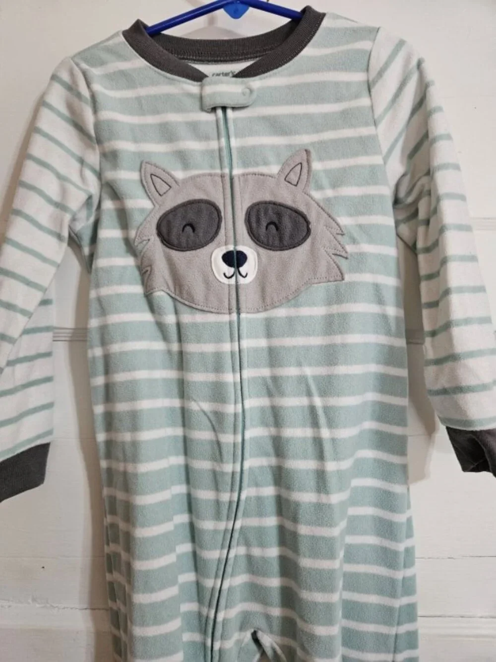 CARTER'S Green Striped Raccoon Face Fleece Blanket Sleeper Pajamas Boys Size 4T